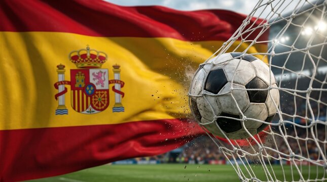 Soccer Ball Hitting the Goal Net with a Waving Spanish Flag in the Background, Representing a Victory for the Spain National Team