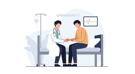 Fototapeta premium Doctor comforting patient on hospital bed, medical consultation, healthcare