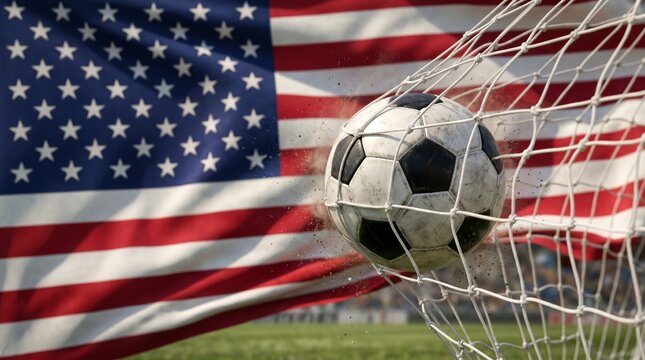Soccer Ball Hitting Goal Net with United States Flag in Background