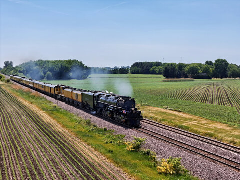 Rochelle, Illinois - USA - June 2, 2026; Union Pacific Big Boy steam engine 4014 on coast to coast tour celebrateing America's 250th anniversary.