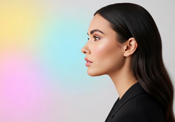 Fototapeta premium Elegant side profile showcasing refined facial features, high cheekbones, and shimmering dark tresses against a minimalist soft backdrop, silky, detailed, glowing