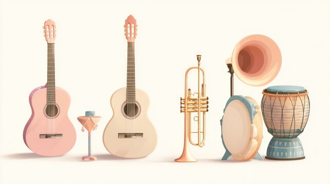 Assorted cartoon-style musical instruments arranged on a neutral light background