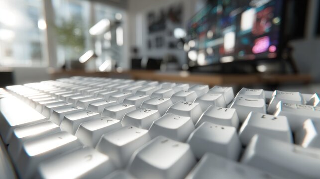 Detail of modern mechanical keyboard on a minimalist desk setup at home
