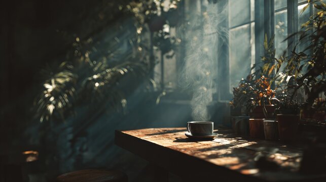 Serene Morning Scene with Coffee Cup and Sunlight Streaming Through Window
