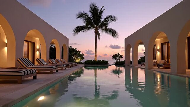 Luxurious beachfront resort featuring symmetrical archways surrounding a tranquil pool at sunset