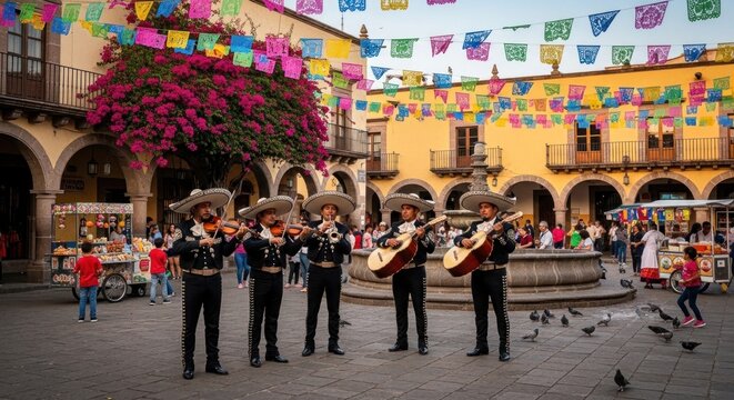 Mariachi musicians performing in courtyard plaza.
