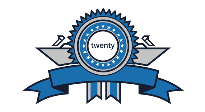 Blue and Silver Twenty Anniversary Badge with Ribbon and Industrial Icons