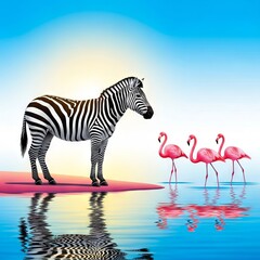 Obraz premium A majestic herd of striped zebras gathers at a pristine waterhole while vibrant pink flamingos wade through the shimmering surface nearby, water, reflection, birds