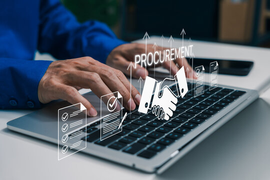Procurement process management and vendor approval concept. Businessman using laptop. contract documents, checklist, handshake agreement, purchasing workflow, supplier selection, compliance review