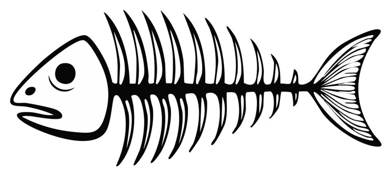 Black and white cartoon fish skeleton, isolated on a white background, illustration.