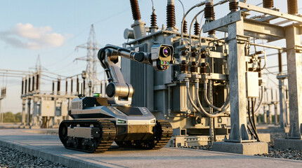 Fototapeta premium Autonomous tracked inspection robot with an articulated arm and multi-sensor camera monitoring high-voltage electrical substation transformers and power grid infrastructure.