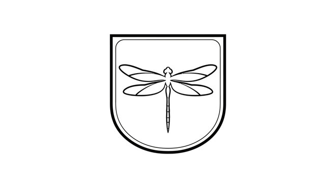 Dragonfly line art icon inside shield on white background