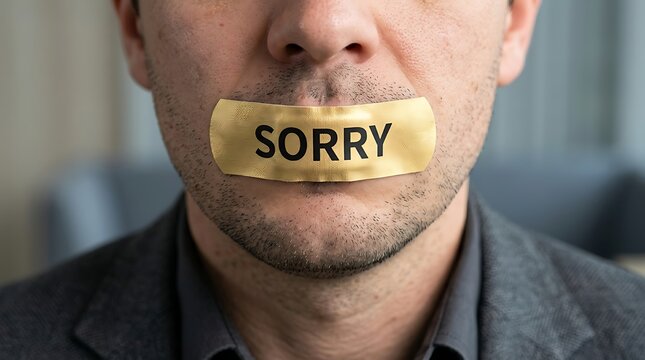 Man with Sorry Tape Over Mouth Symbolizing Silence Frustration
