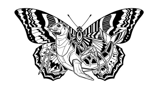 Geometric butterfly seal hybrid creature illustration on white background