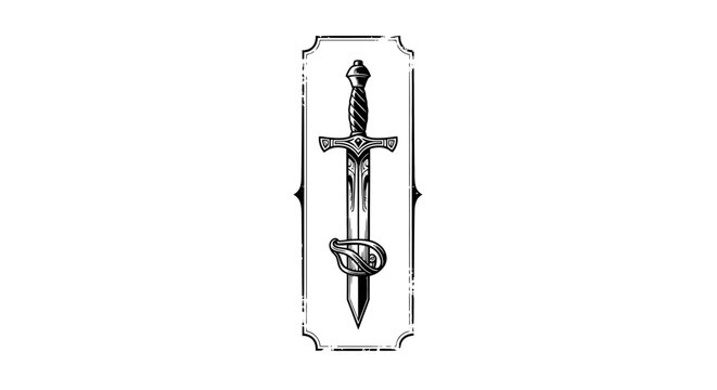 Hand drawn vintage sword emblem in ornate rectangular border