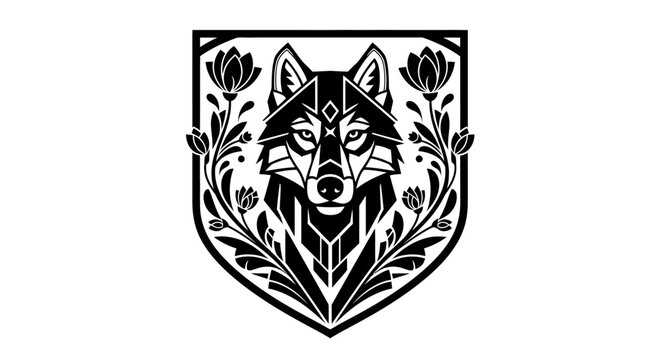 Geometric wolf head logo with floral shield illustration