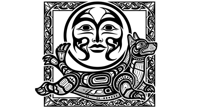 Indigenous Northwest Coast style wolf and sun face graphic art