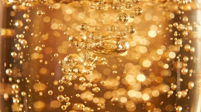 Abstract golden bubbles rising in liquid, sparkling highlights and soft bokeh creating luxurious carbonation texture like beer, champagne or sparkling beverage in a glowing macro background, warm