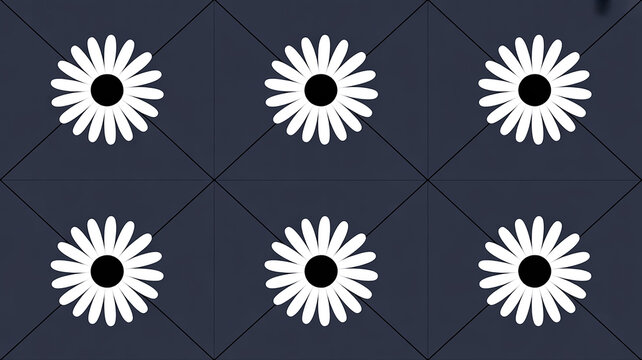A seamless pattern design featuring five white daisies with black centers arranged in a 2x3 grid against a dark navy blue background.
