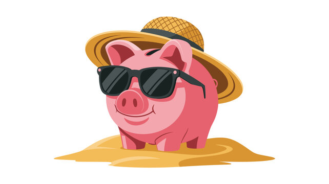 A cheerful pink piggy bank wearing a straw hat and black sunglasses rests on a patch of sand in a bright, summer, and vacation-themed setting.