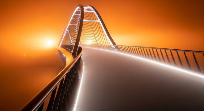 Estrutura de ponte moderna e iluminada sobre superf&iacute;cie refletora contra um fundo quente.
