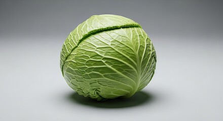 Fototapeta premium A fresh whole green cabbage head rests on a clean gray surface under soft studio lighting, showcasing its vibrant leafy texture and round shape, vegan, green, freshness