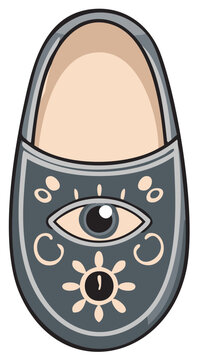 Illustration of a dark gray baby bootie with a prominent evil eye symbol and floral accents
