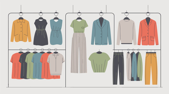 A comprehensive clothing rack system showcases a diverse selection of casual dresses, shirts, and trousers in a clean, modern flat design.