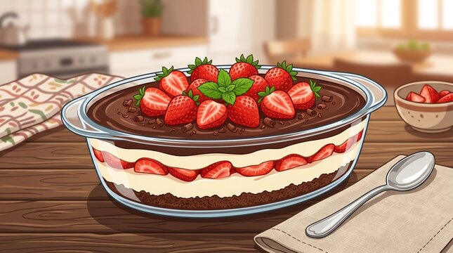 Layered chocolate and cream trifle dessert with fresh strawberries in a glass dish vector illustration &ndash; commercial family restaurant menu and party catering concept.