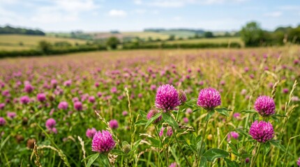 Obraz premium A vibrant field of purple clover flowers stretches under a bright blue sky with rolling green hills in the background.