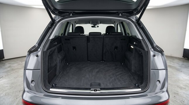 Rear view of a grey SUV with its tailgate open, showcasing the spacious and clean empty trunk interior.