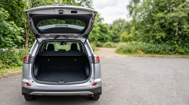 A silver SUV with its tailgate open, revealing the empty boot space, parked outdoors.