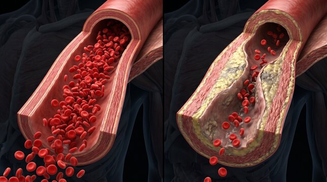 Detailed comparison of healthy and diseased arteries showing atherosclerosis and restricted blood flow.