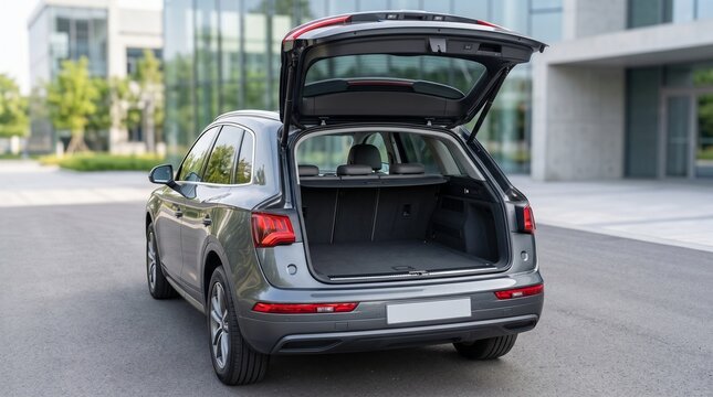 Rear view of a modern grey SUV with its spacious trunk open, parked on a paved surface in front of contemporary buildings.