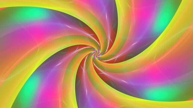 Colorful motion background of swirling kaleidoscope. Dynamic twisting multicolor patterns in radiant movement. Evolving abstract spiral transitions and light effects transformation. 4K UHD 4096x2304
