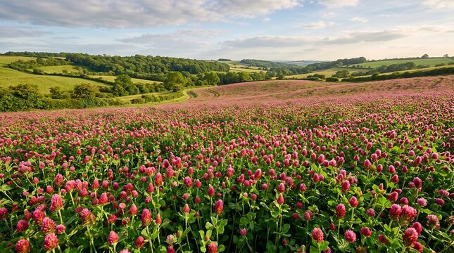 A beautiful landscape featuring a large field of vibrant crimson clover flowers under a bright sky with rolling green hills in the background.
