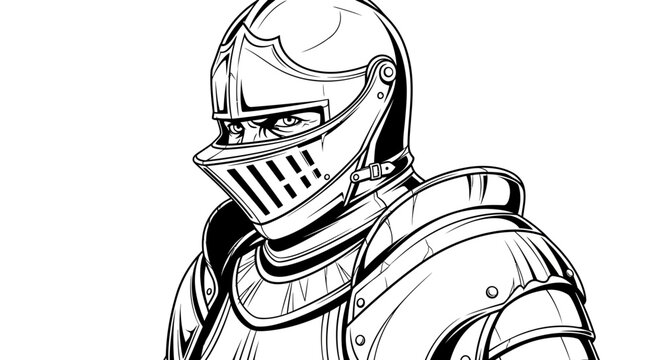 Medieval knight wearing full plate armor in black line art