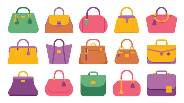 Fifteen diverse colorful flat-style handbags are neatly arranged in a grid pattern against a pristine white background with vibrant tones.