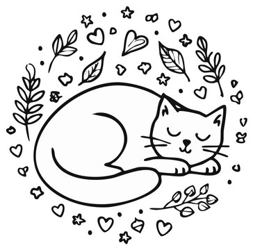 Sleeping cat illustration with surrounding hearts, leaves and stars