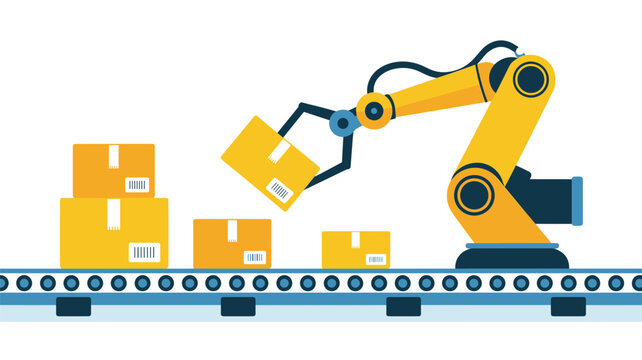A yellow automated mechanical arm grips a cardboard package above a conveyor belt containing four boxes with visible barcode labels in a factory.