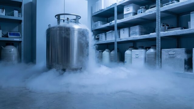 A large cryogenic tank with mist swirling around its base in a cool storage room, filled with scientific equipment and shelves of supplies