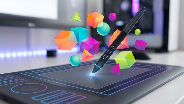 A digital pen hovers over a graphic tablet, surrounded by vibrant 3D shapes, symbolizing creativity and digital art