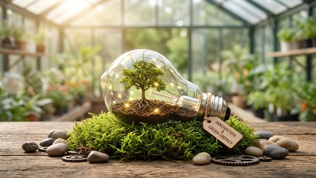 A light bulb with a tree growing inside rests on moss in a greenhouse, symbolizing renewable energy and environmentalism