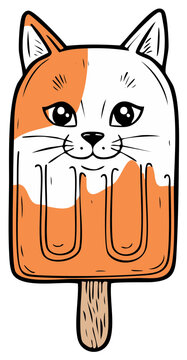 Cute Orange and White Cat Ice Pop Cartoon Illustration for Summer Treat Fun