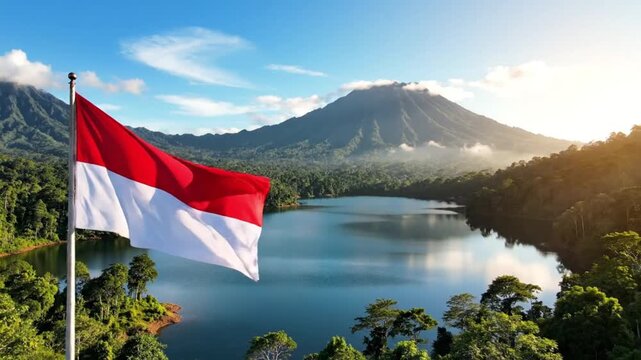 Indonesian Flag Waving Over Tropical Mountain Lake Landscape