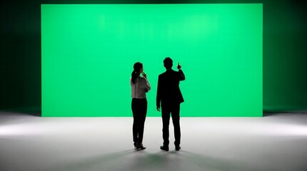 Fototapeta premium Professional man and woman stand together while pointing at a large bright green screen in a modern studio setting