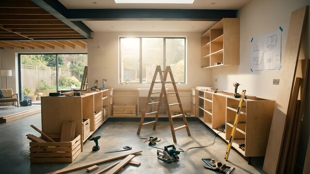 A kitchen under construction, with cabinets being installed and tools scattered around the room. A ladder stands in the middle of the room, and a window lets in natural light