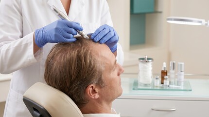 Fototapeta premium Dermatologist performing hair microneedling treatment for mature man