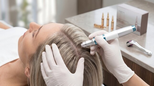 Hair microneedling treatment with dermapen on woman scalp in clinic
