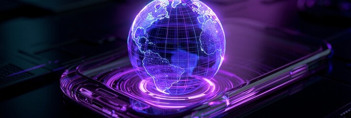 Naklejka premium Medium shot of a holographic globe glowing in bluepurple neon light floating inside a transparent smartphone frame in a dark tech lab with glossy futuristic surfaces